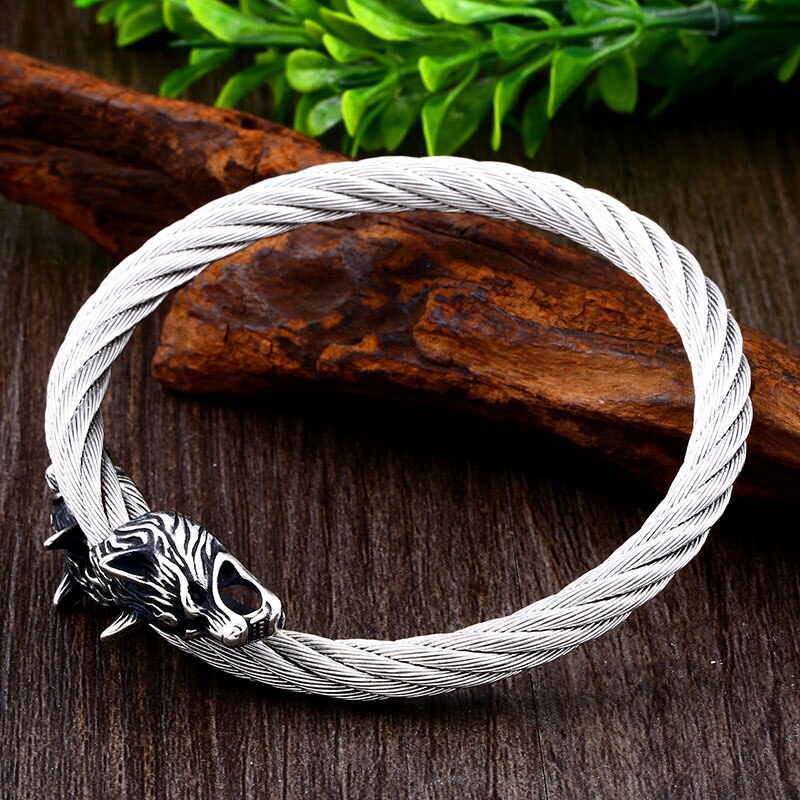Viking Wolf Woven Steel Bracelet
