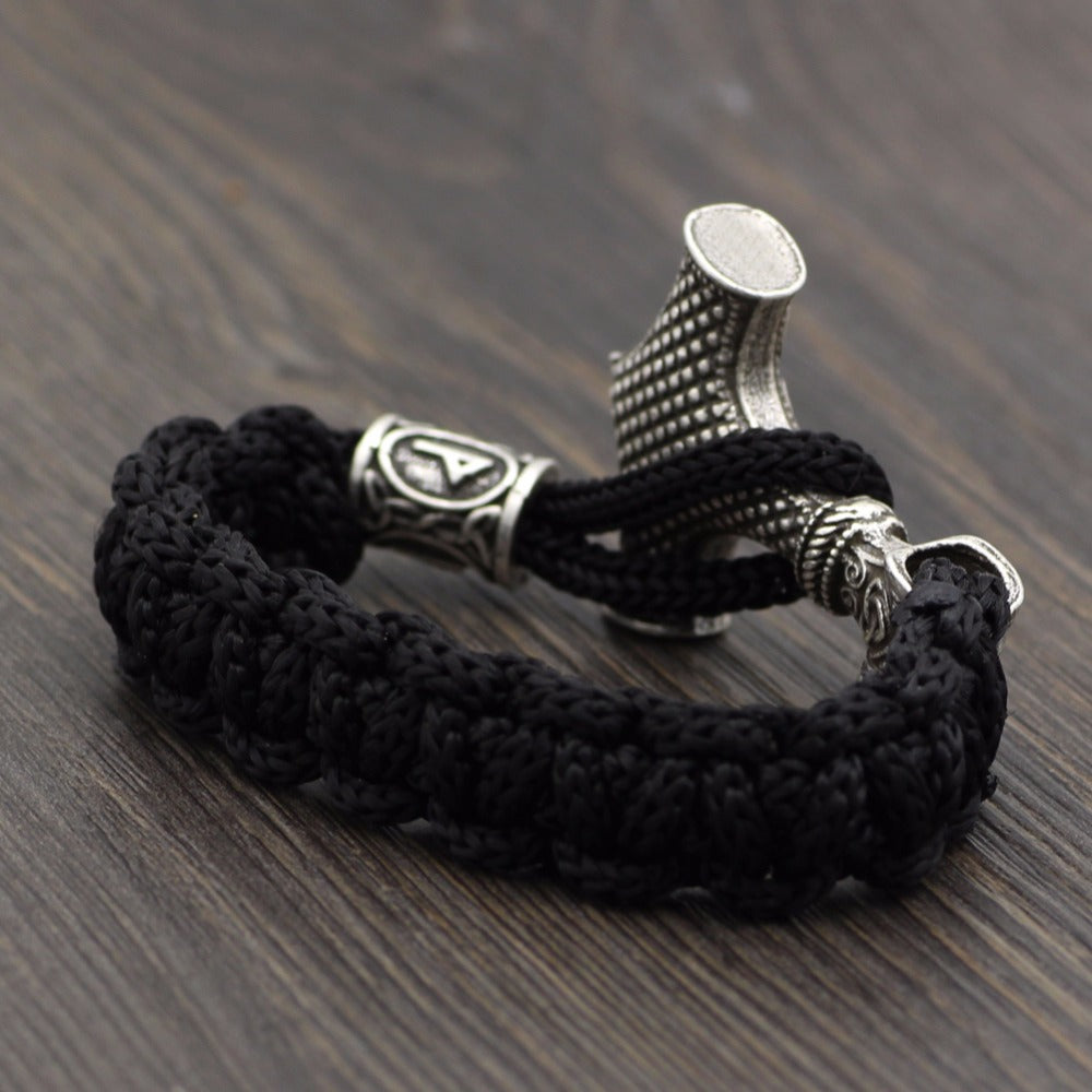 Silver Mjolnir & Runes Black Bracelet