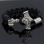 Silver Mjolnir & Runes Black Bracelet