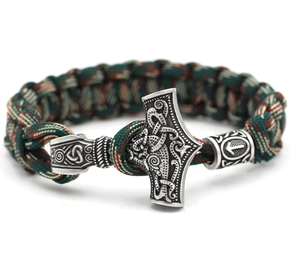 Silver Mjolnir & Runes Colorful Bracelet