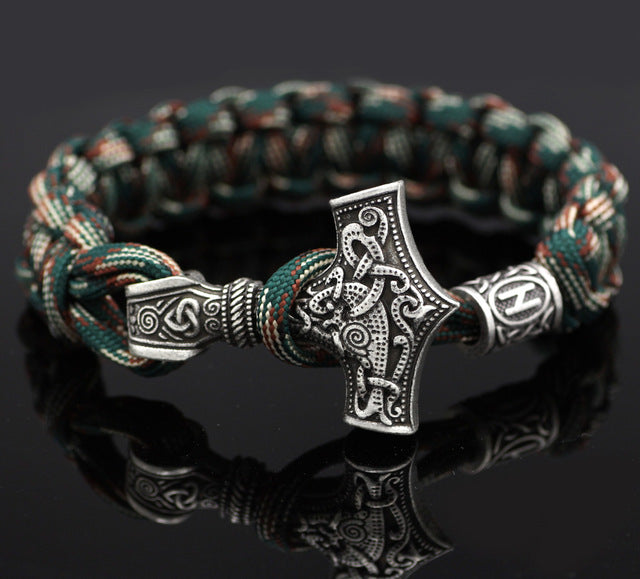 Silver Mjolnir & Runes Colorful Bracelet