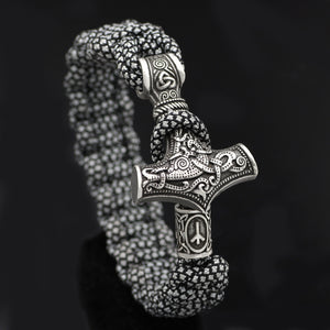Silver Mjolnir & Runes White Bracelet