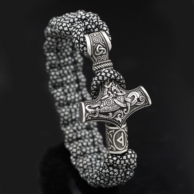 Silver Mjolnir & Runes White Bracelet