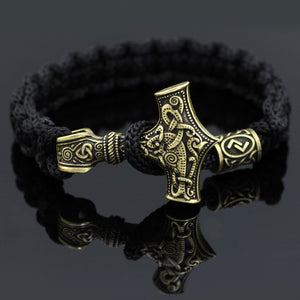 Golden Mjolnir & Runes Black Bracelet