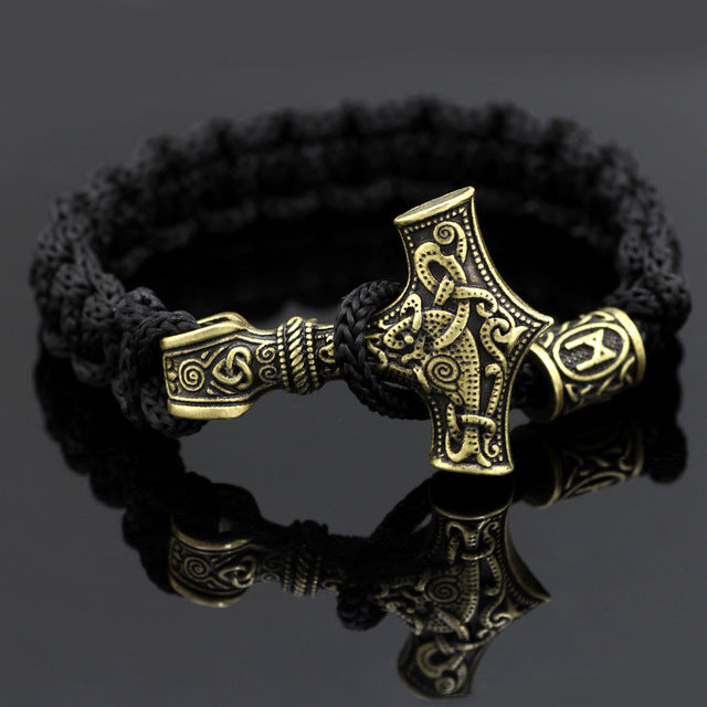 Golden Mjolnir & Runes Black Bracelet