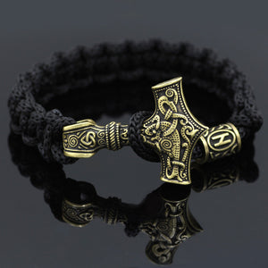 Golden Mjolnir & Runes Black Bracelet