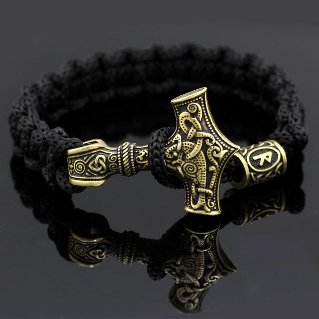 Golden Mjolnir & Runes Black Bracelet