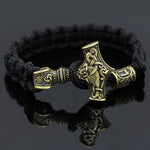 Golden Mjolnir & Runes Black Bracelet