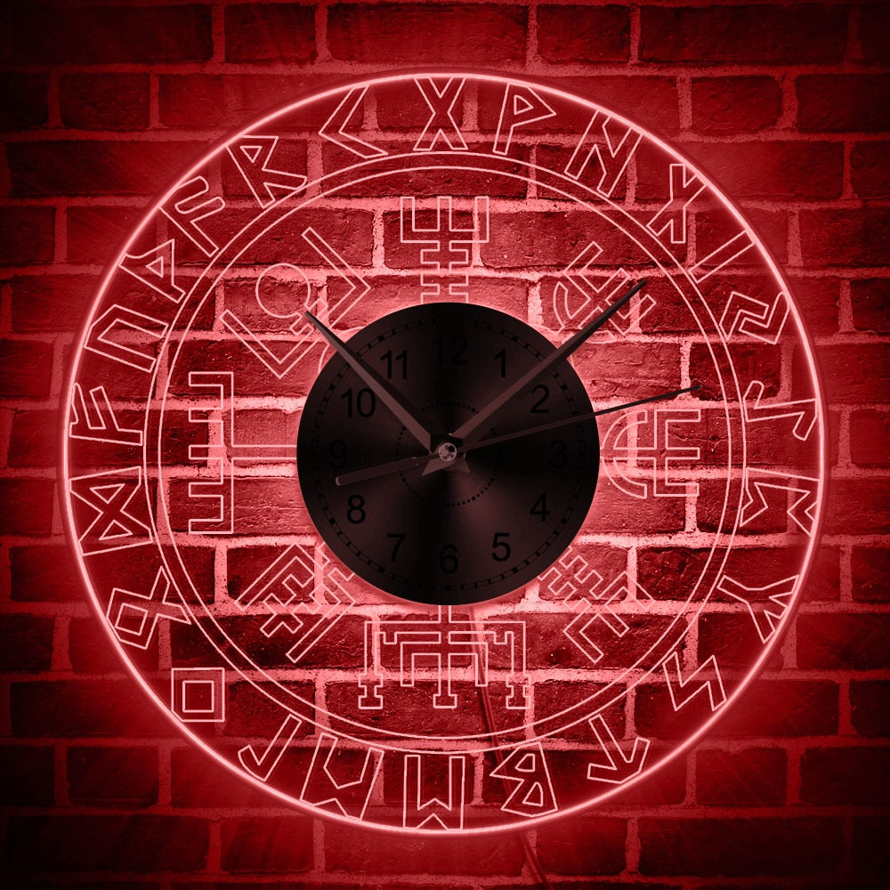 Viking LED Wall Clock with Runic Circle and Vegvisir Compass