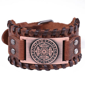 Mjolnir and Futhark Runes Leather Bracelet