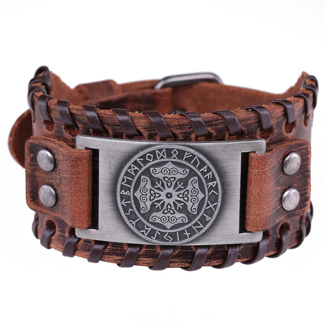 Mjolnir and Futhark Runes Leather Bracelet